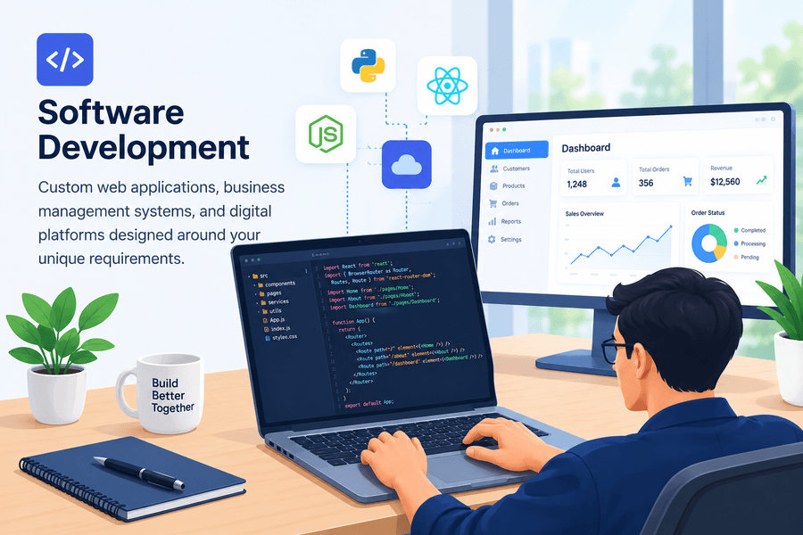Software Development. Custom web applications, business management systems, and digital platforms designed around your unique requirements.